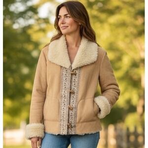 Coldwater Creek Womens Jacket M Tan Faux Suede Shearling Toggle Boho Western